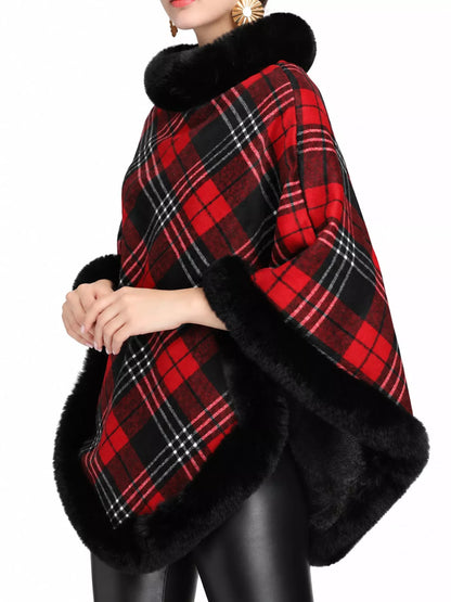 Plaid Faux Fur Trimmed Poncho Cape Outerwear