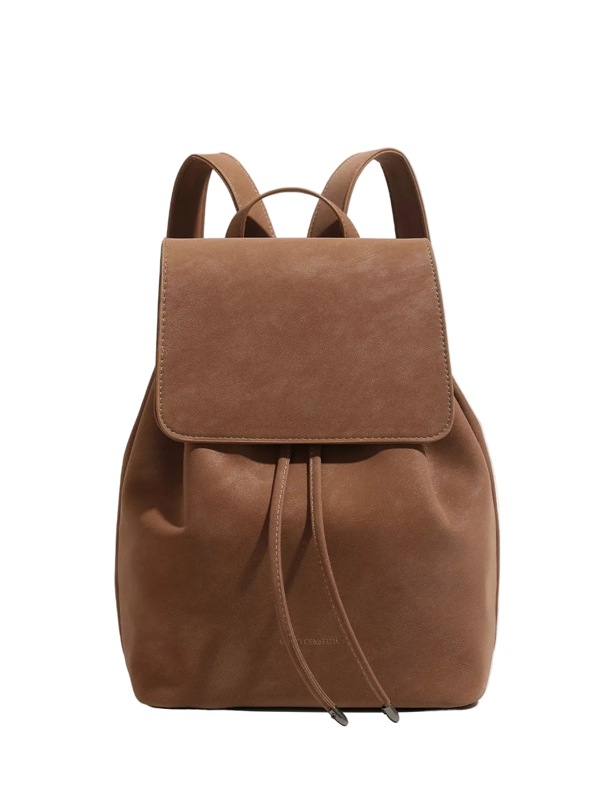 A brown faux-leather backpack with a front flap pocket and drawstring closure, shown against a plain white background.