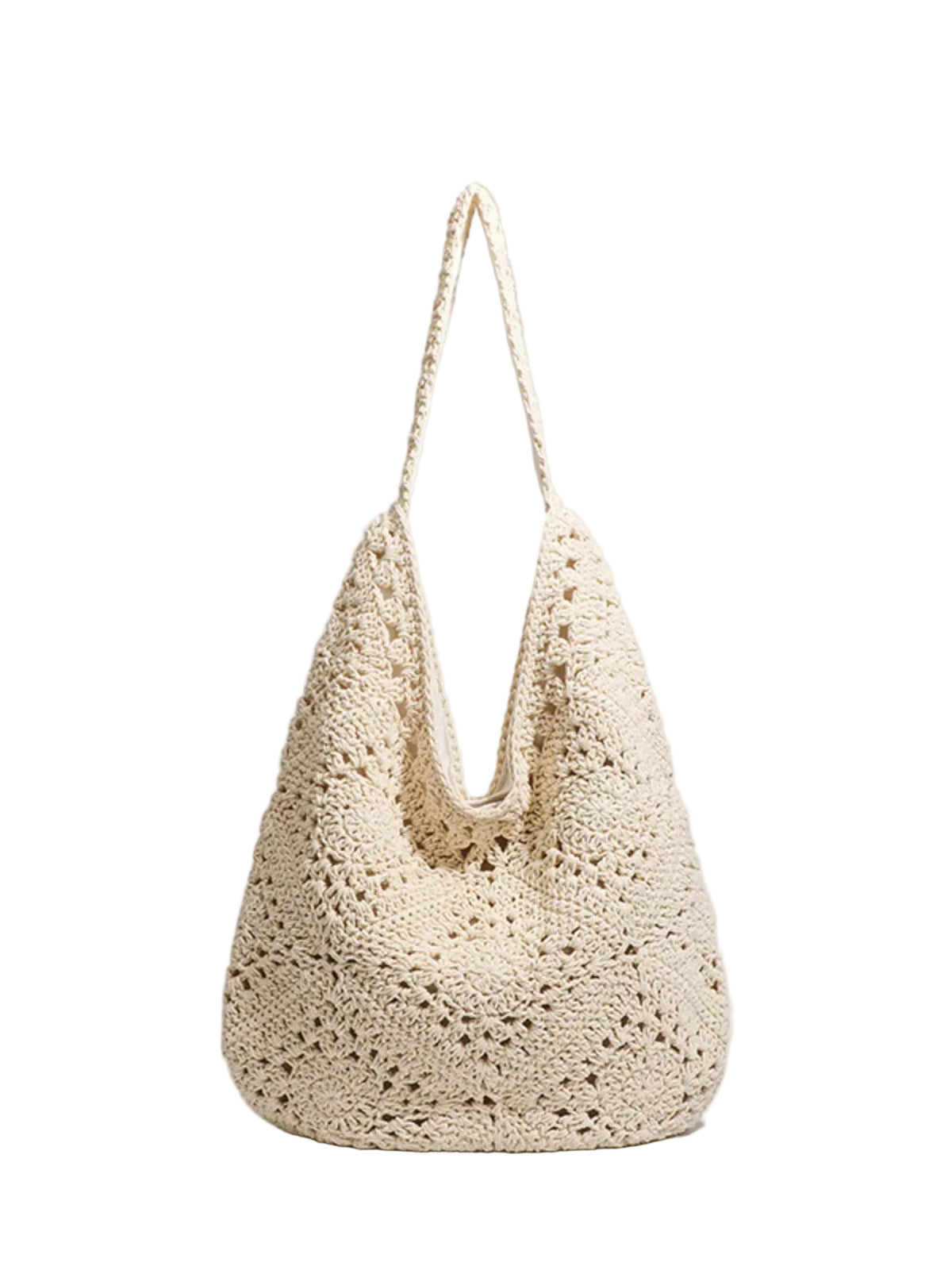 A cream-colored crochet slouchy shoulder bag with an openwork pattern and a single shoulder strap, photographed on a light gray background.