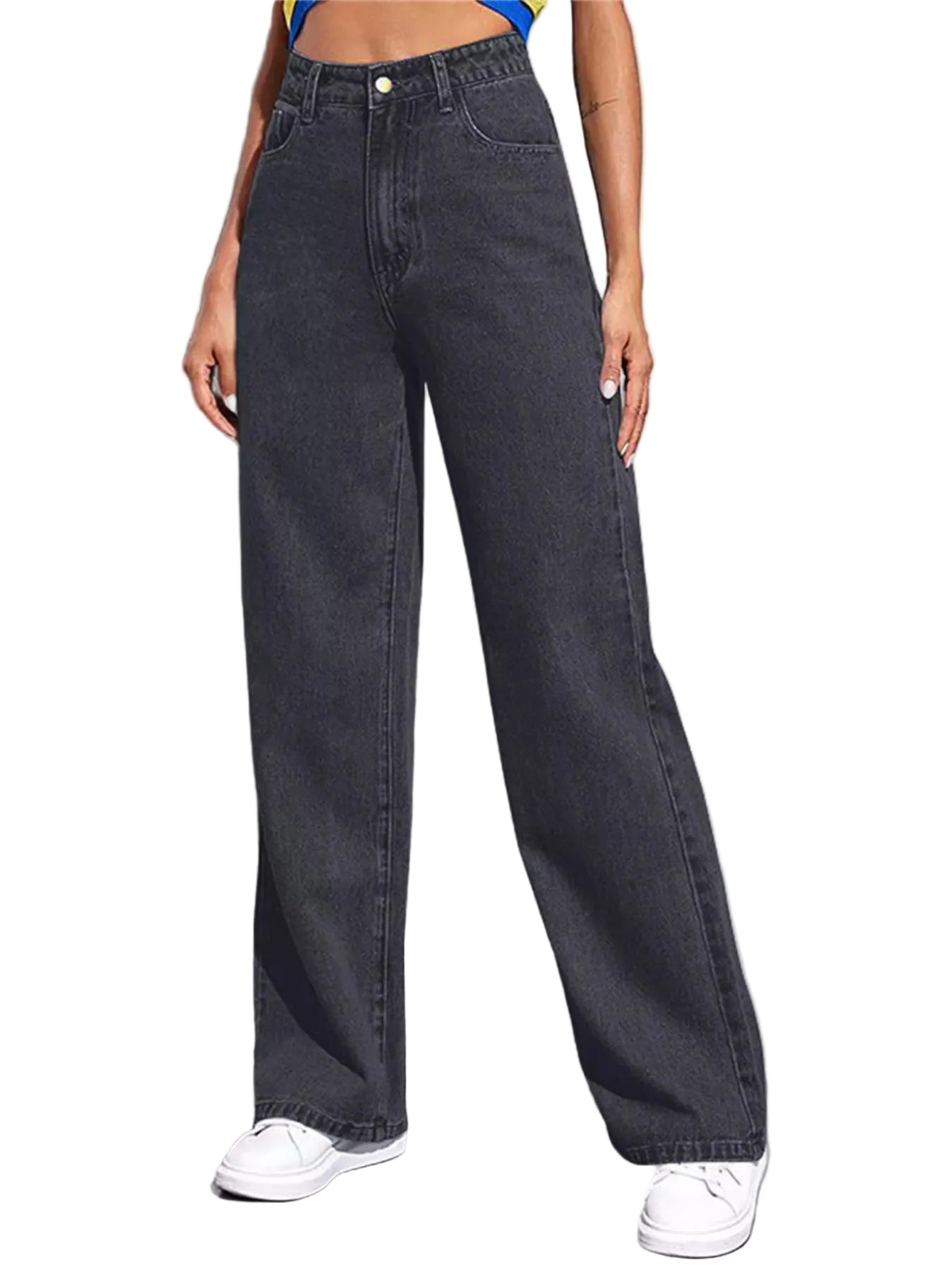 Person wearing wide-leg black jeans against a plain background