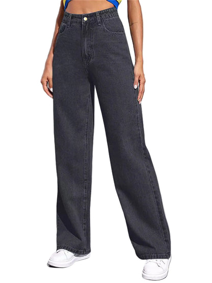 Person wearing wide-leg black jeans against a plain background