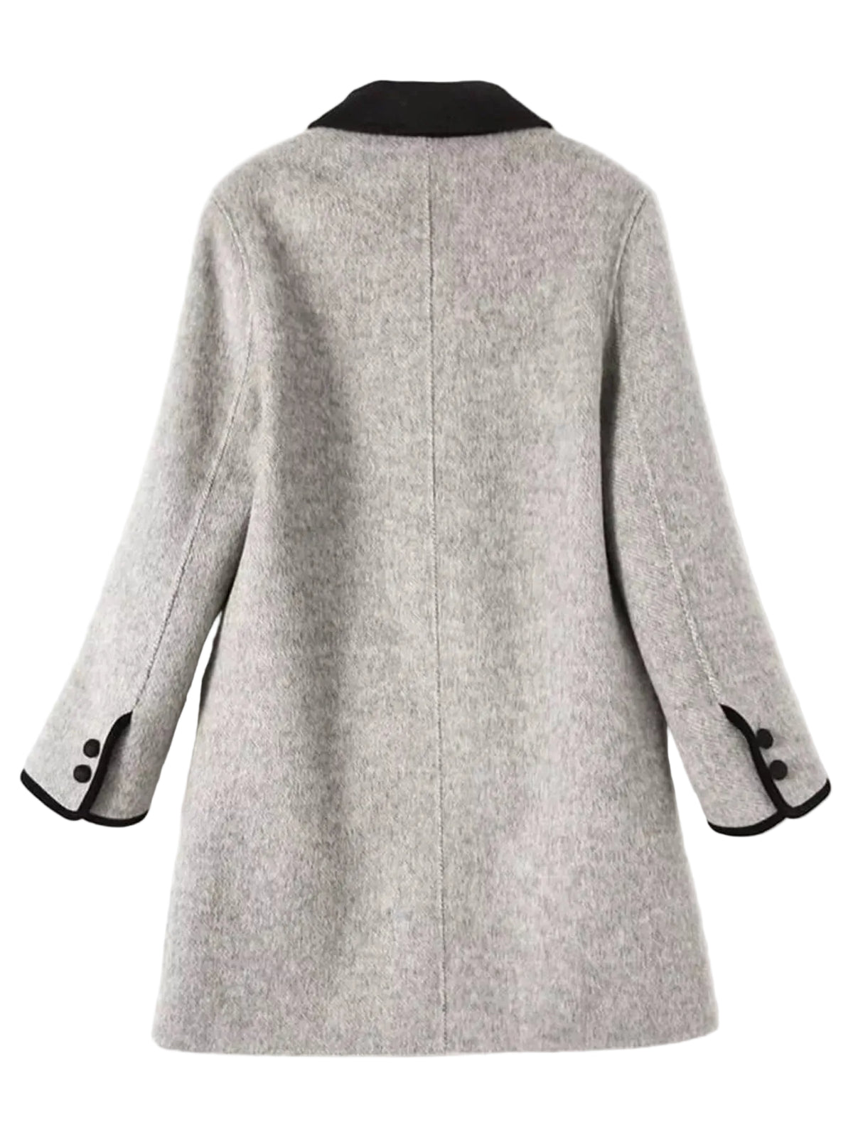 A light gray textured wool-blend coat shown from the back, featuring a contrasting black collar and black button details on the cuffs.