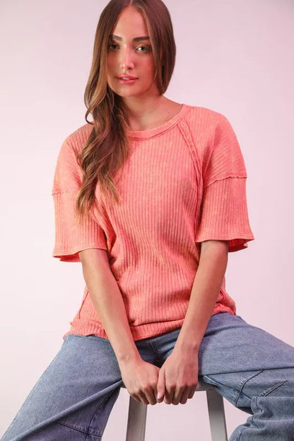 Mineral Washed Ribbed Knit Casual Top.