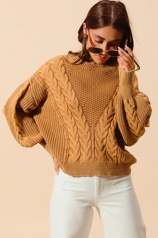 Mineral Washed Loose Fit Textured Cable Sweater.