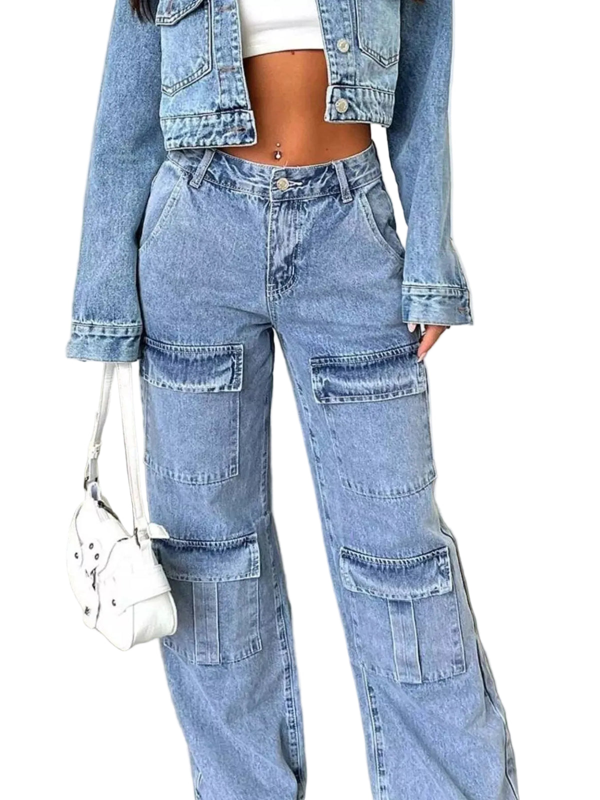 A person wearing light-wash blue denim cargo pants with a matching cropped denim jacket, a white crop top, and carrying a small white handbag in an indoor setting.