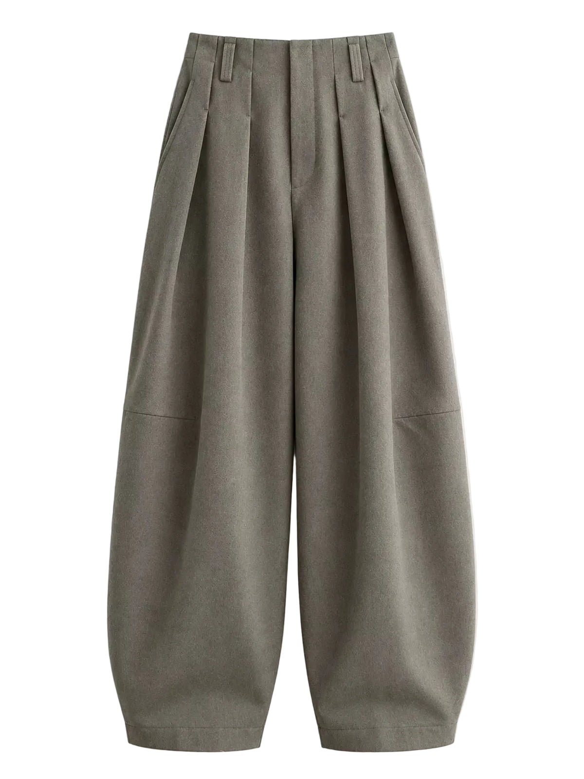 A pair of wide-leg, pleated trousers in a muted olive-gray color, displayed flat against a light off-white background.