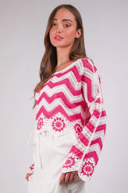 Chevron & Floral Pattern Crochet Knit Top.