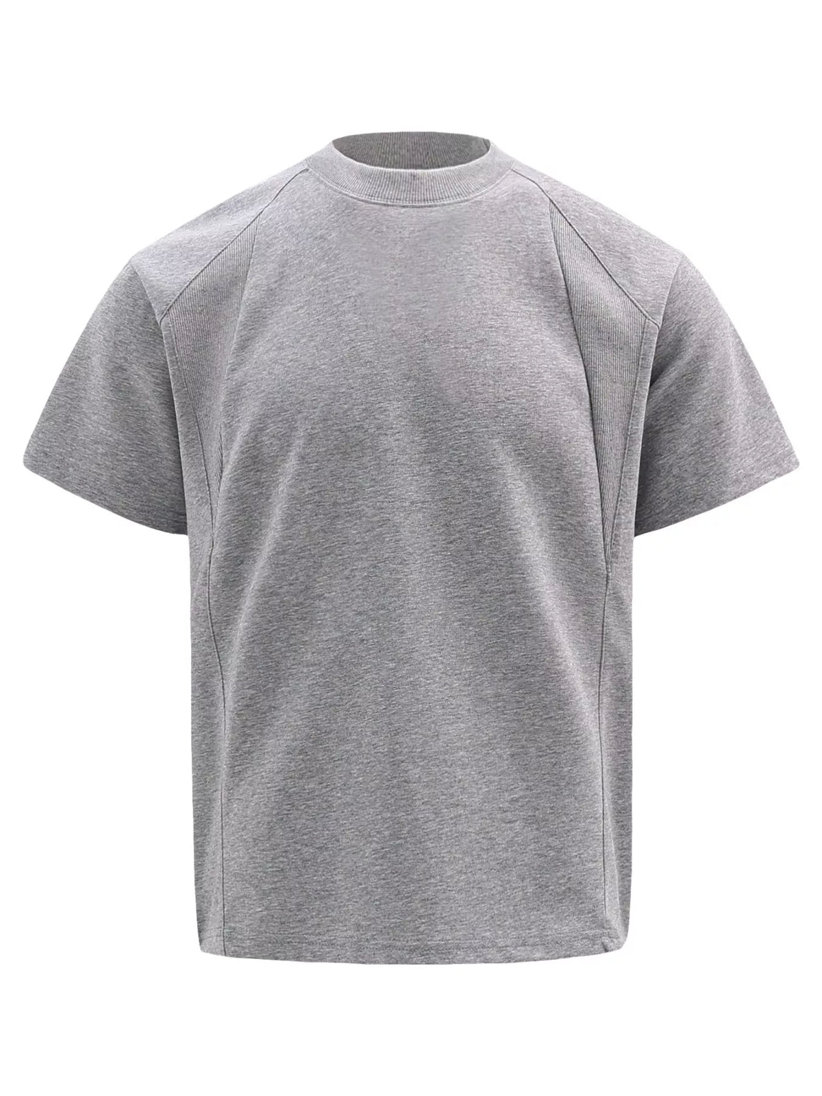 A heather gray short-sleeve crewneck t-shirt with raglan-style shoulder seams, shown against a plain white background.