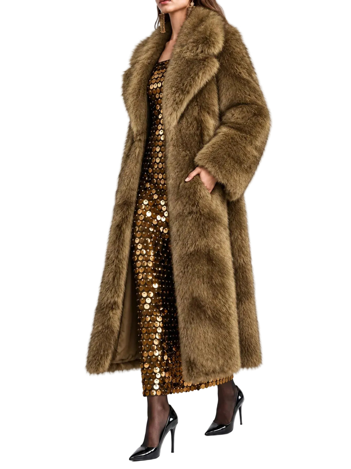 A woman models a long brown faux fur coat over a gold sequined dress, paired with black high heels, against a plain light gray studio background.