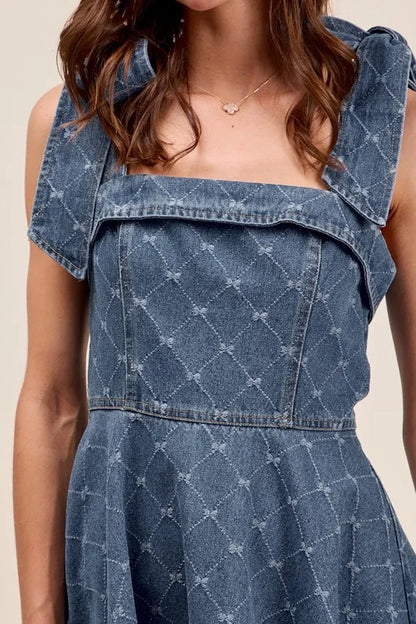 A Line Fit and Flare Diamond Bow Ribbon Denim Dres.