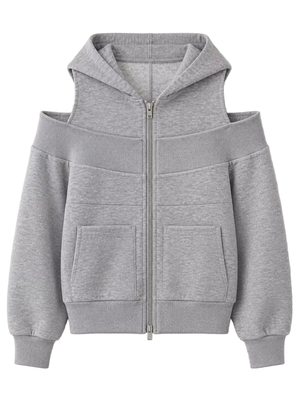 A light gray heathered zip-up hoodie with a unique cold-shoulder design, featuring wide shoulder panels, a front zipper, and two front patch pockets, shown against a plain light background.