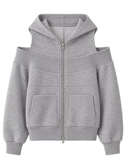 A light gray heathered zip-up hoodie with a unique cold-shoulder design, featuring wide shoulder panels, a front zipper, and two front patch pockets, shown against a plain light background.