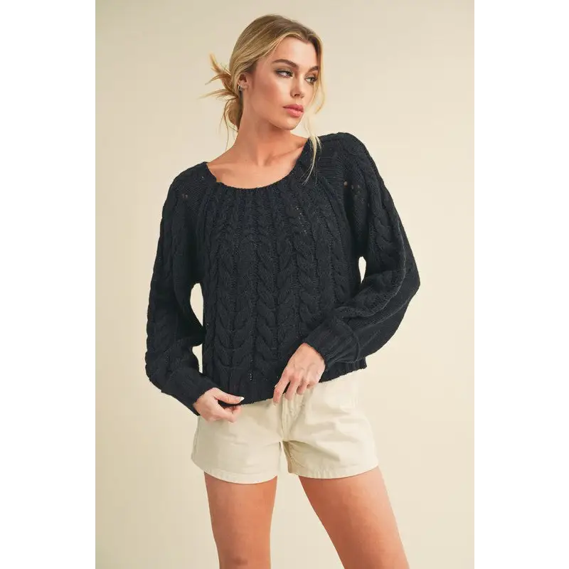 Cable-Knit Openwork Round Neck Sweater.