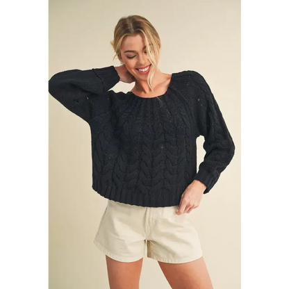 Cable-Knit Openwork Round Neck Sweater.