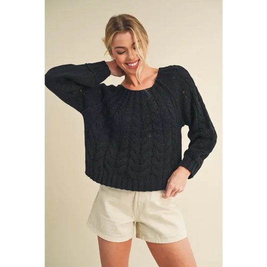 Cable-Knit Openwork Round Neck Sweater.