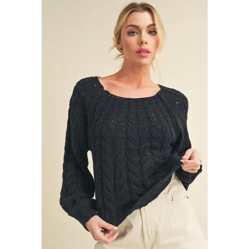 Cable-Knit Openwork Round Neck Sweater.