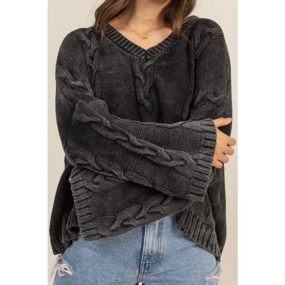 Cable Knit V-Neck Dropped Shoulder Oversized Sweater.