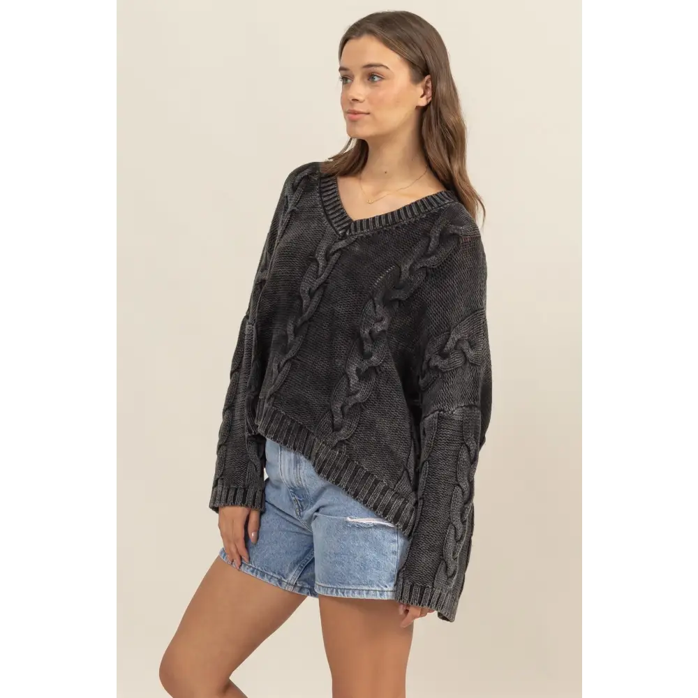 Cable Knit V-Neck Dropped Shoulder Oversized Sweater.