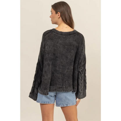 Cable Knit V-Neck Dropped Shoulder Oversized Sweater.