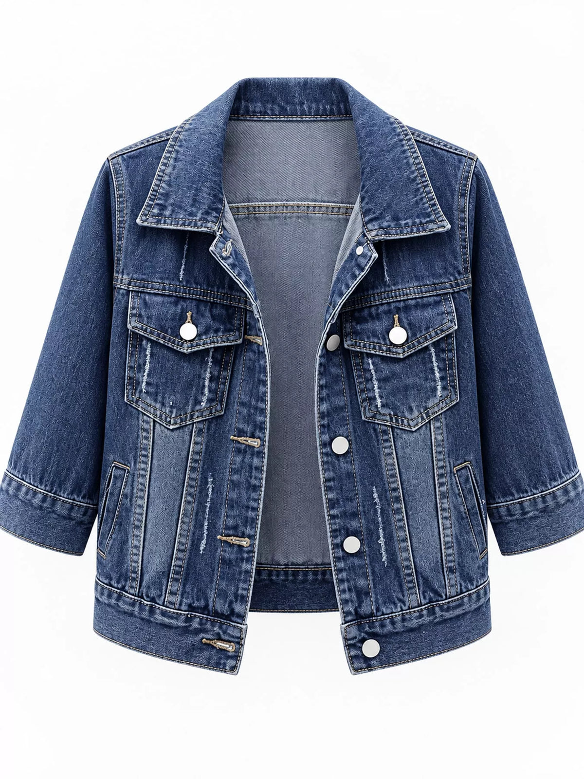 A blue denim jacket with a pointed collar, button front, and flap chest pockets, shown on a plain white background.