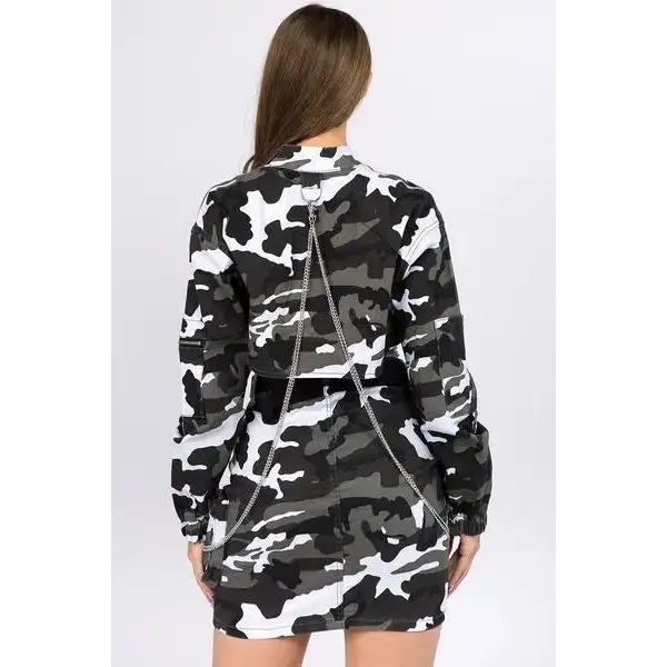 Camouflage Cropped Jacket with Chains.