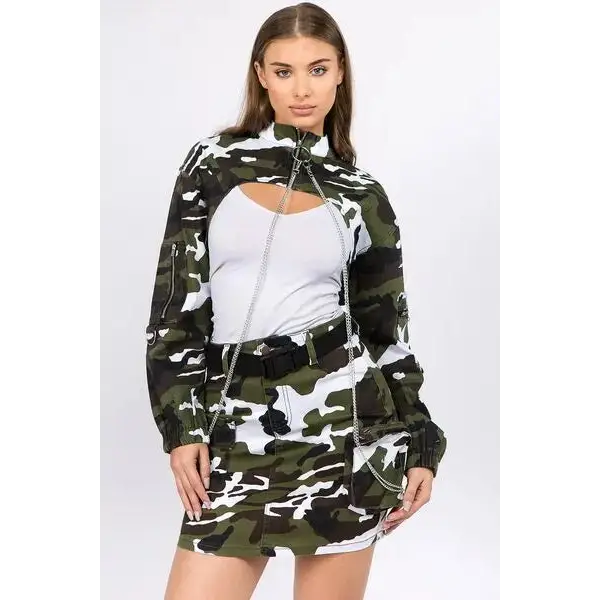 Camouflage Cropped Jacket with Chains.