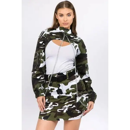 Camouflage Cropped Jacket with Chains.