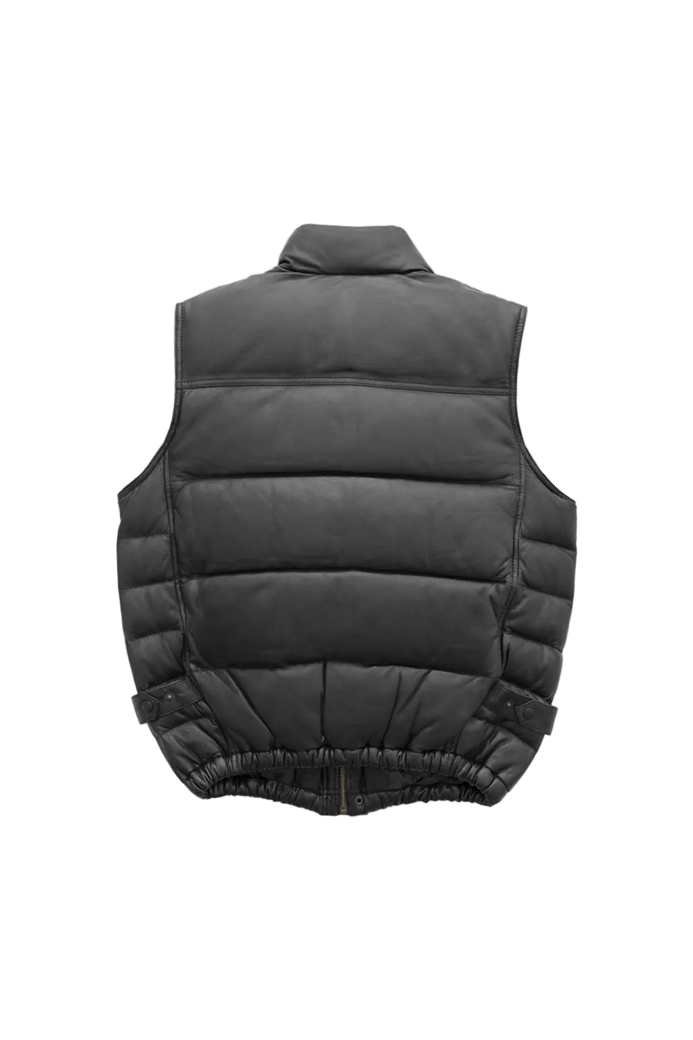 A black quilted puffer vest shown from the back, featuring horizontal stitching, a high collar, and an elasticated hem, photographed against a solid light gray background.