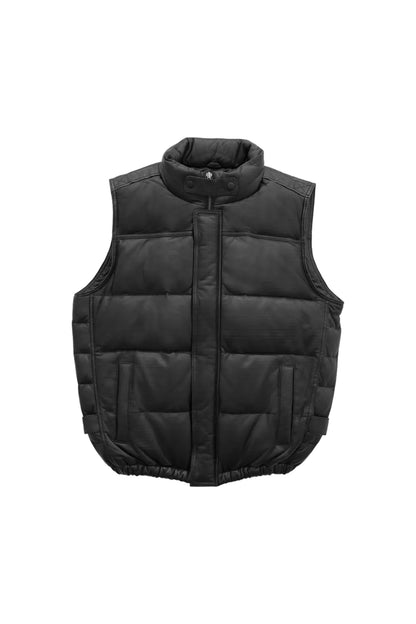 A black quilted puffer vest with a stand-up collar and front zipper, shown flat against a light gray background.