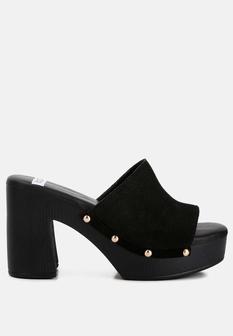 Black platform sandal with block heel on a white background