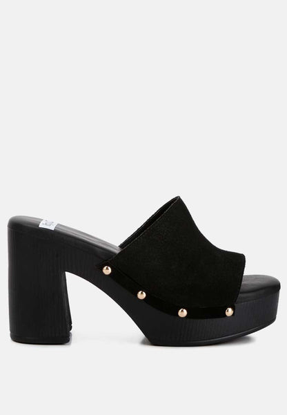 Black platform sandal with block heel on a white background