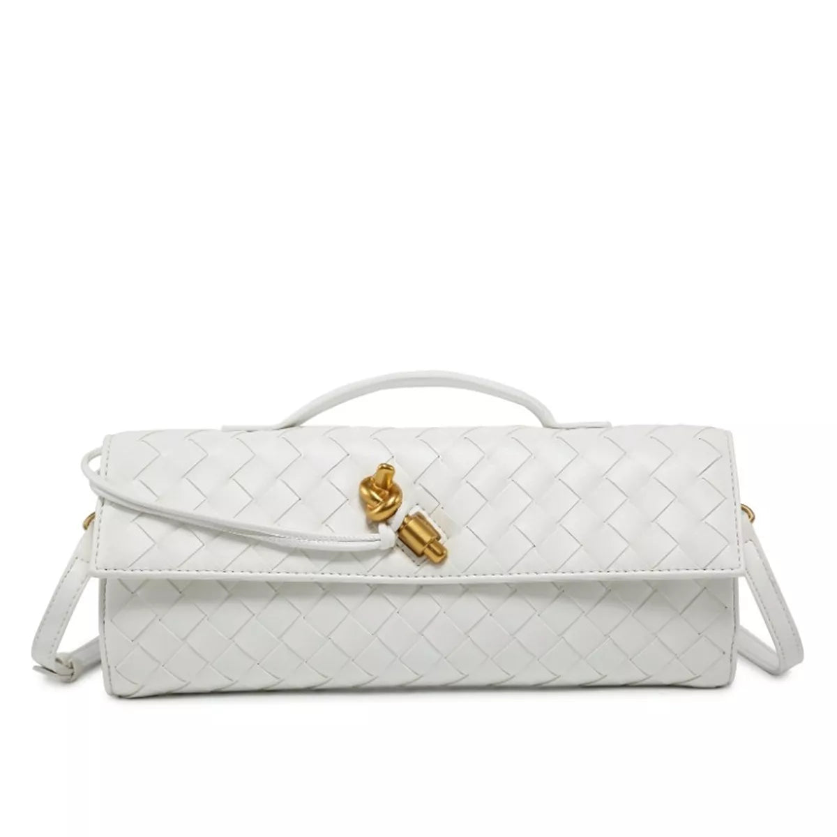 A white woven leather shoulder bag with a top handle, a detachable shoulder strap, and gold-tone hardware on a plain white background.