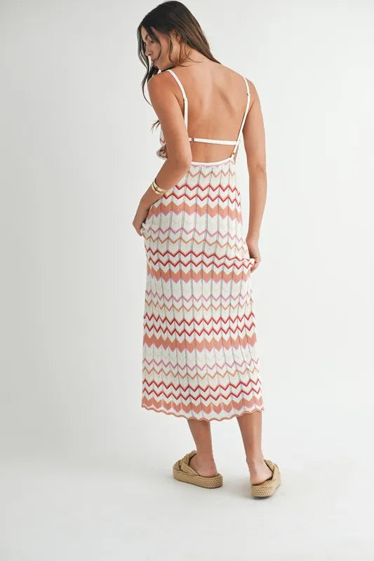 Lightweight Pointelle Chevron Knit Maxi Dress.