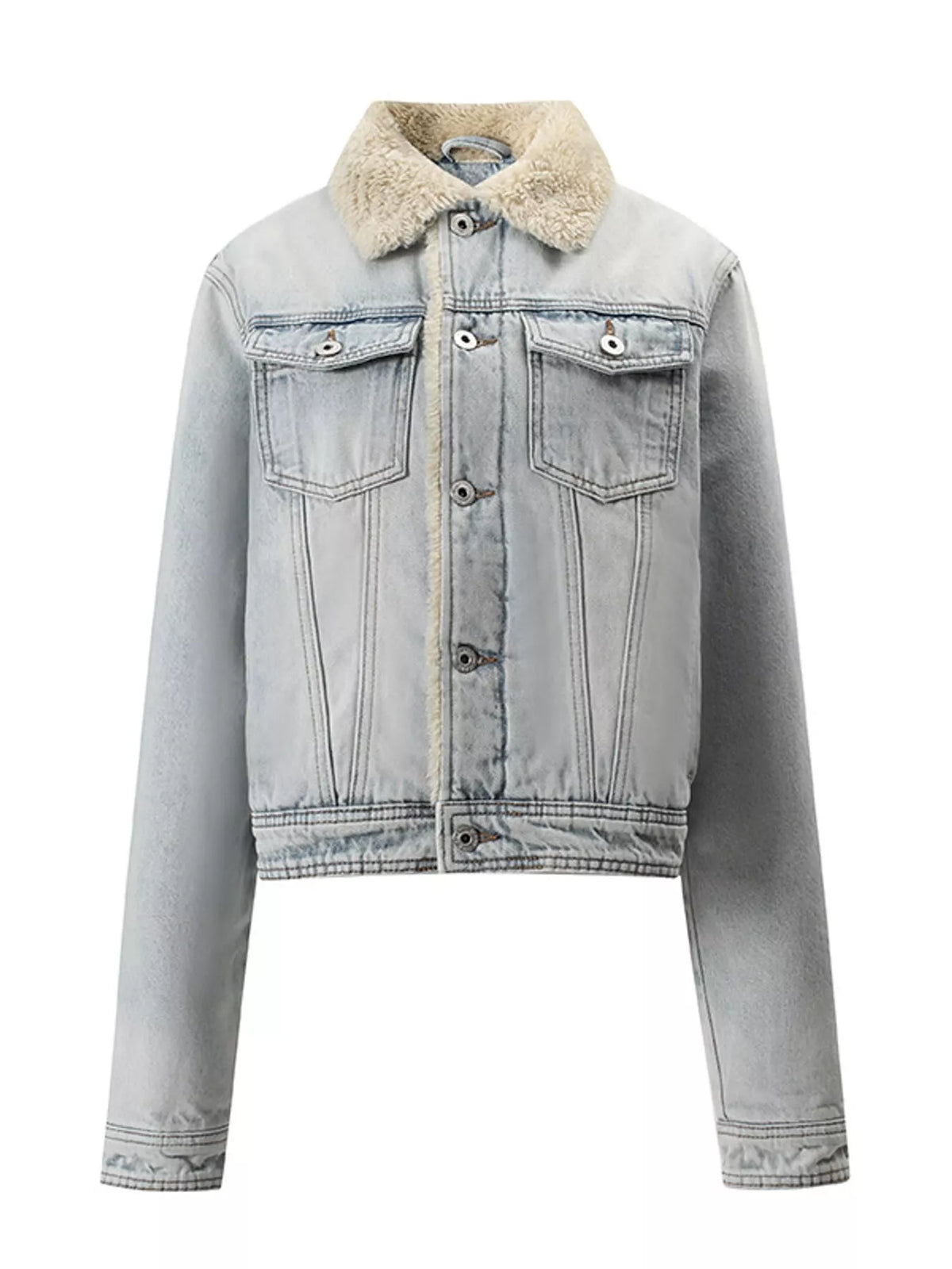 A cropped light-wash denim jacket featuring a beige sherpa fleece collar, button-front closure, and two chest flap pockets, shown on a plain white background.