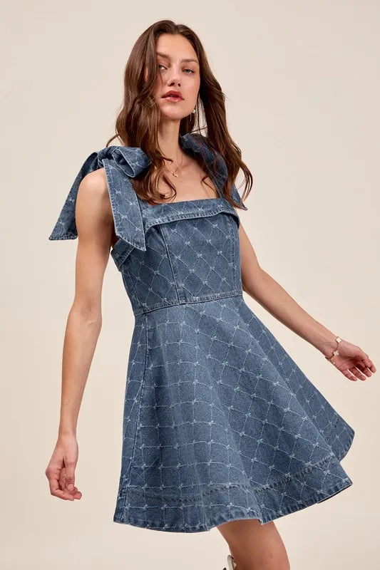 A Line Fit and Flare Diamond Bow Ribbon Denim Dres.