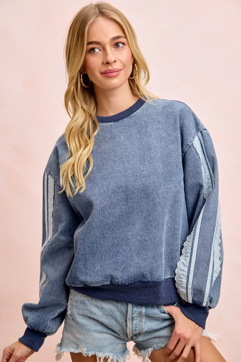 Washed Denim Lace Contrast Sided Sweatshirt
