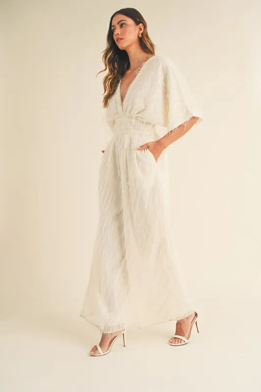 Fluffy Deep V Neck Wide Leg Jumpsuit.