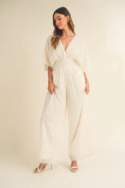 Fluffy Deep V Neck Wide Leg Jumpsuit.