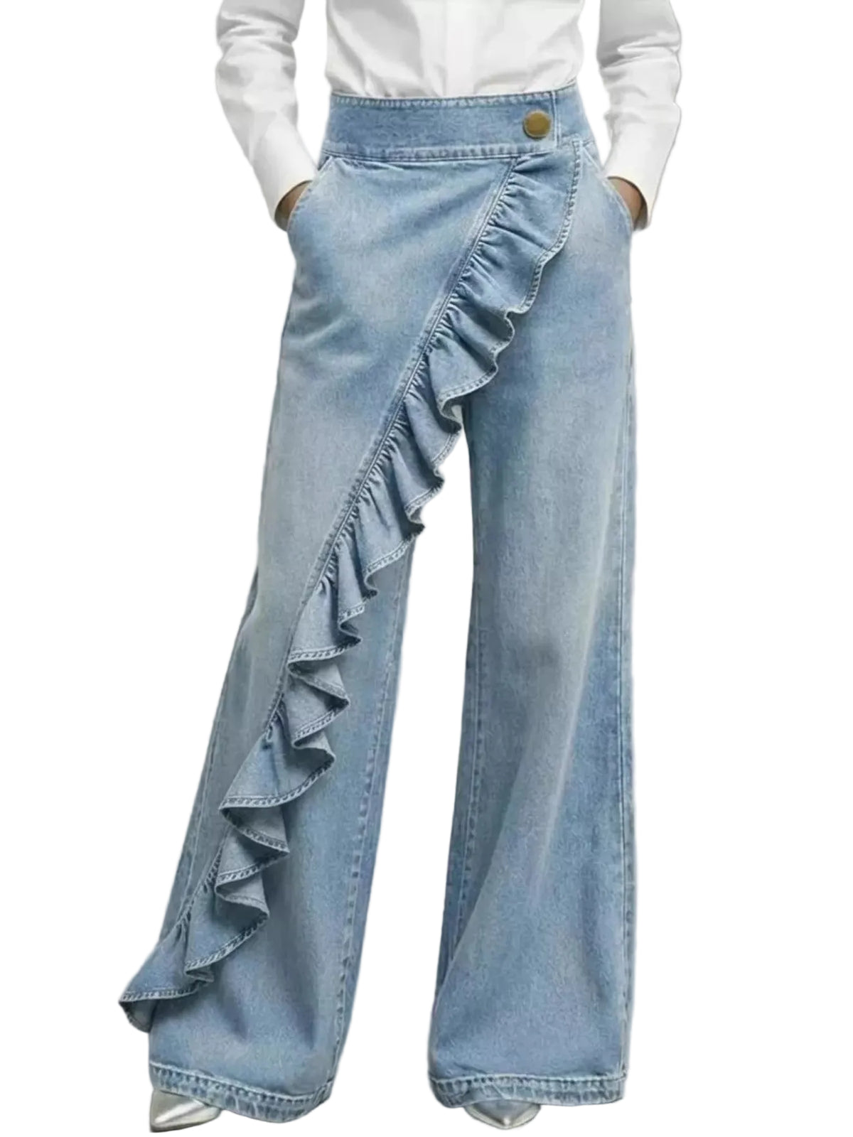 Light blue denim pants with ruffles on a gray background