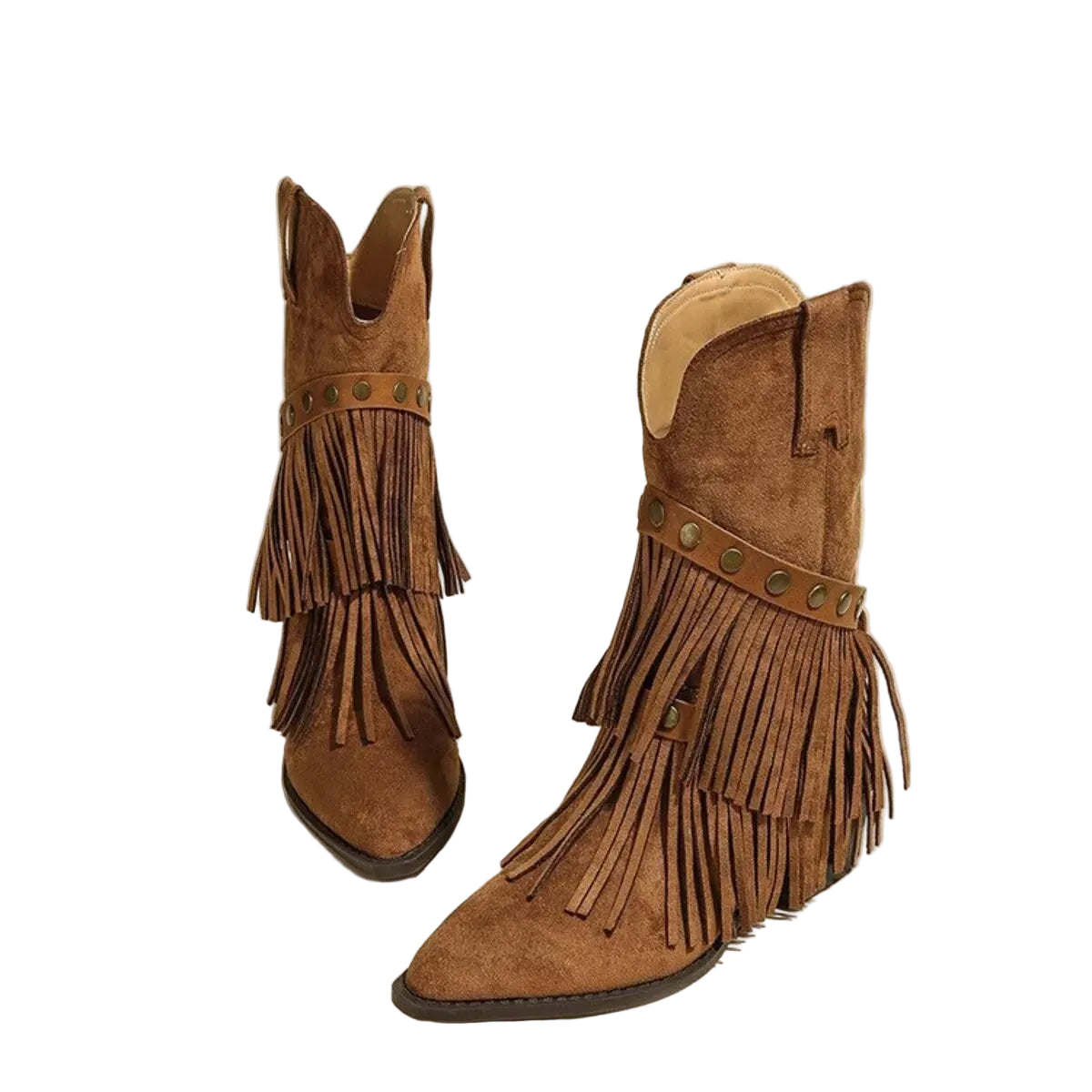 A pair of brown suede fringe cowboy boots with pointed toes and bronze-tone metal studs, displayed on a solid light beige background.