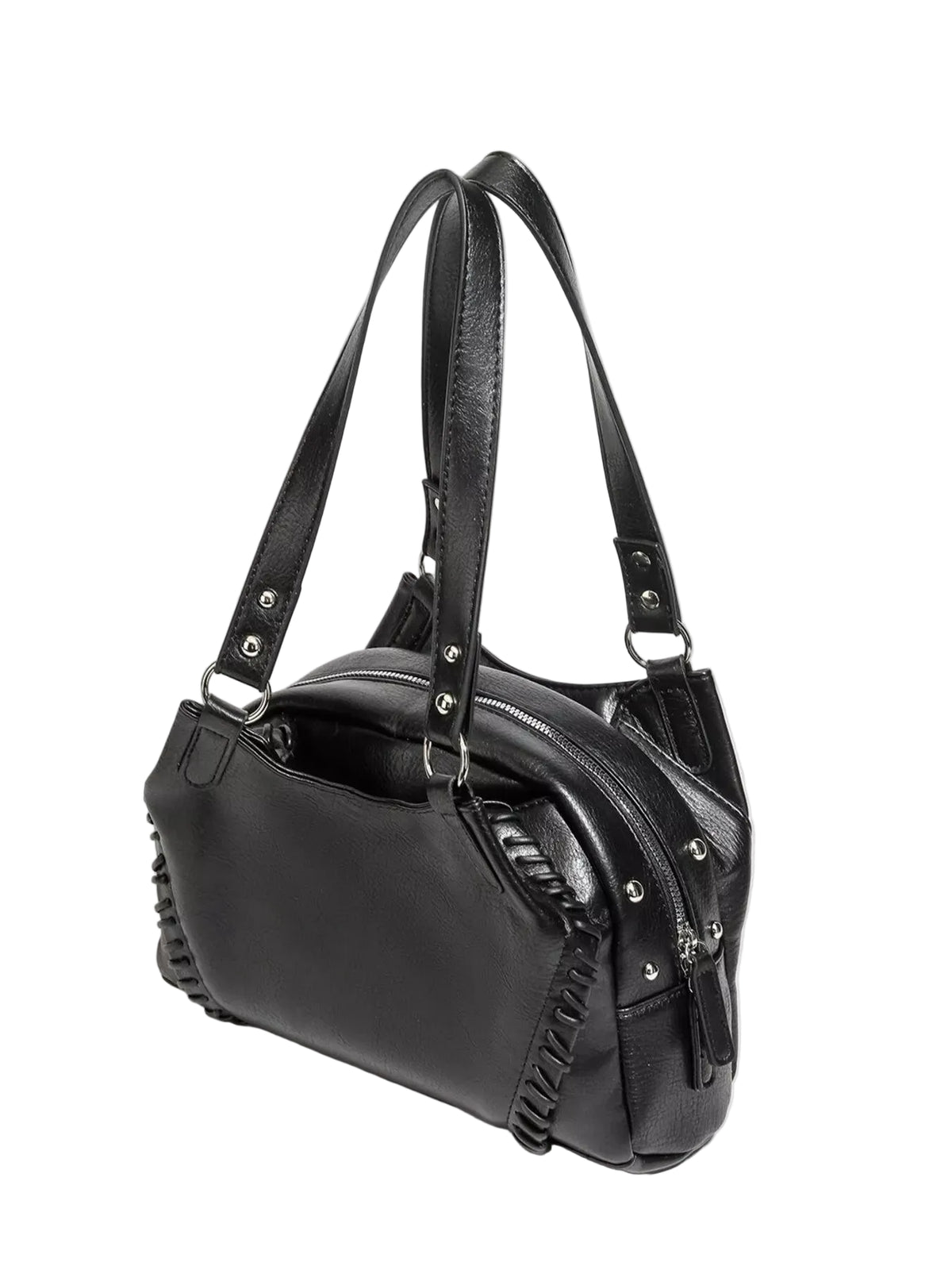 A black leather shoulder bag with braided fringe details and silver-tone hardware, photographed on a light gray background with a soft shadow.