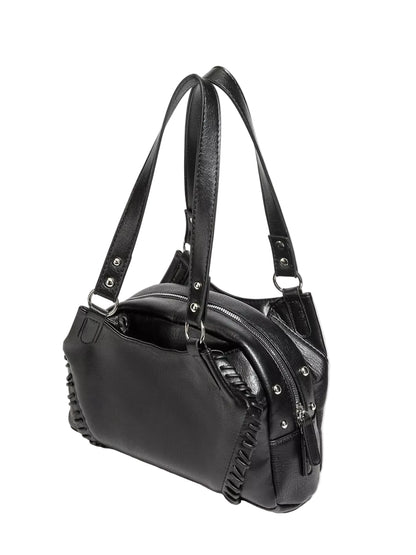 A black leather shoulder bag with braided fringe details and silver-tone hardware, photographed on a light gray background with a soft shadow.
