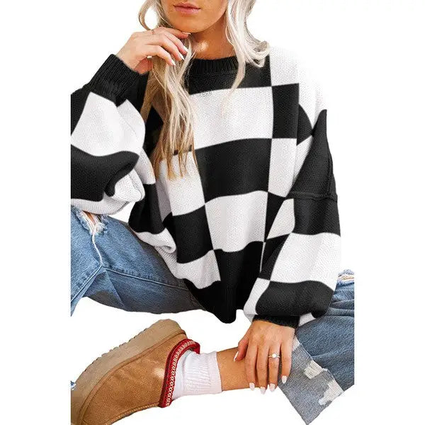 Checkered Bishop Sleeve Sweater.