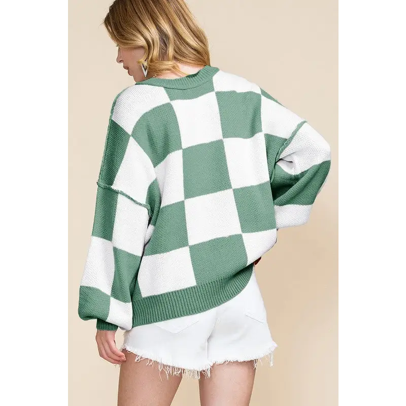 Checkered Bishop Sleeve Sweater.