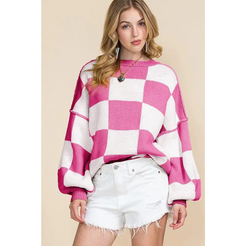 Checkered Bishop Sleeve Sweater.