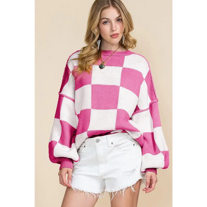Checkered Bishop Sleeve Sweater.