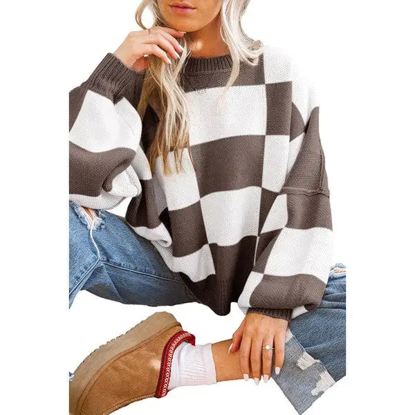 Checkered Bishop Sleeve Sweater.