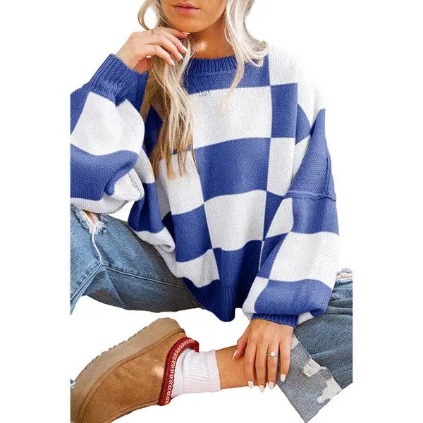 Checkered Bishop Sleeve Sweater.