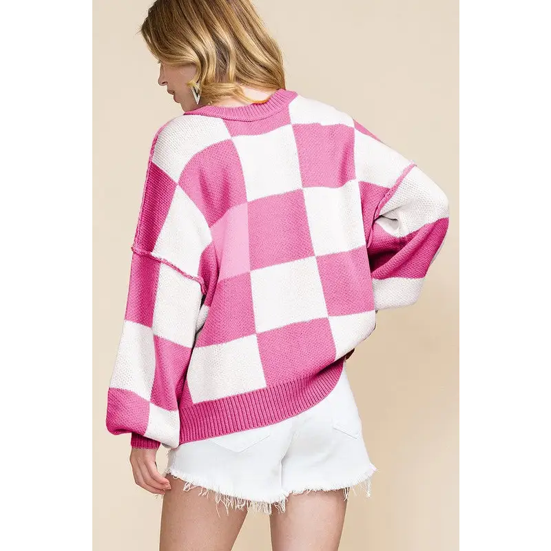 Checkered Bishop Sleeve Sweater.