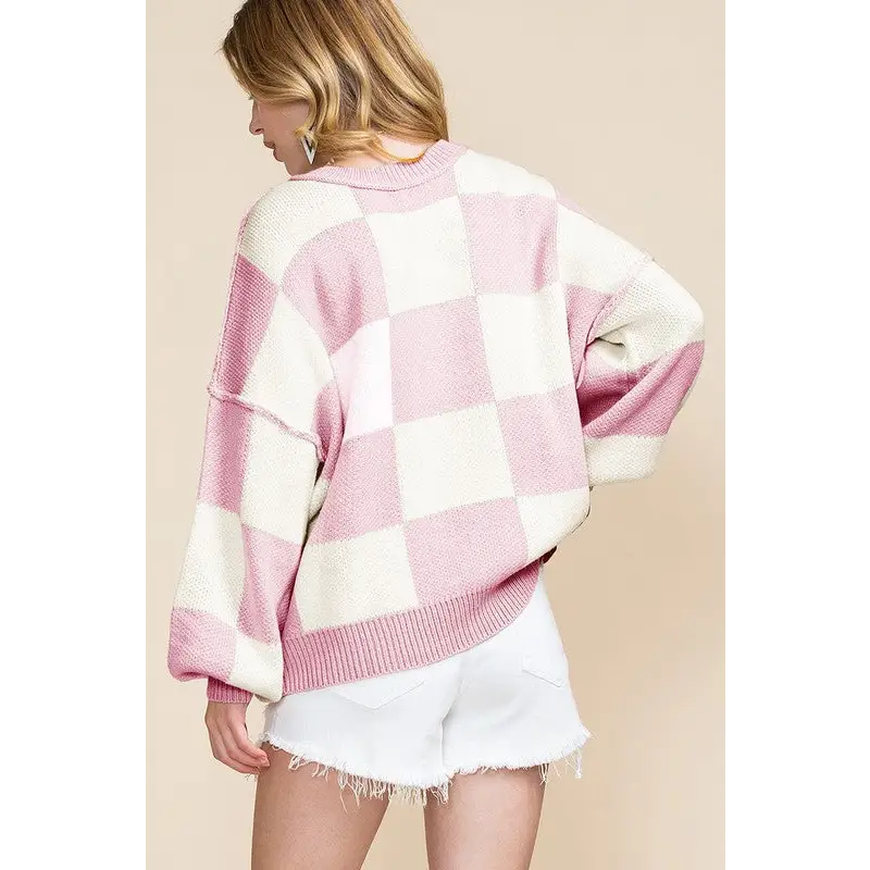 Checkered Bishop Sleeve Sweater.